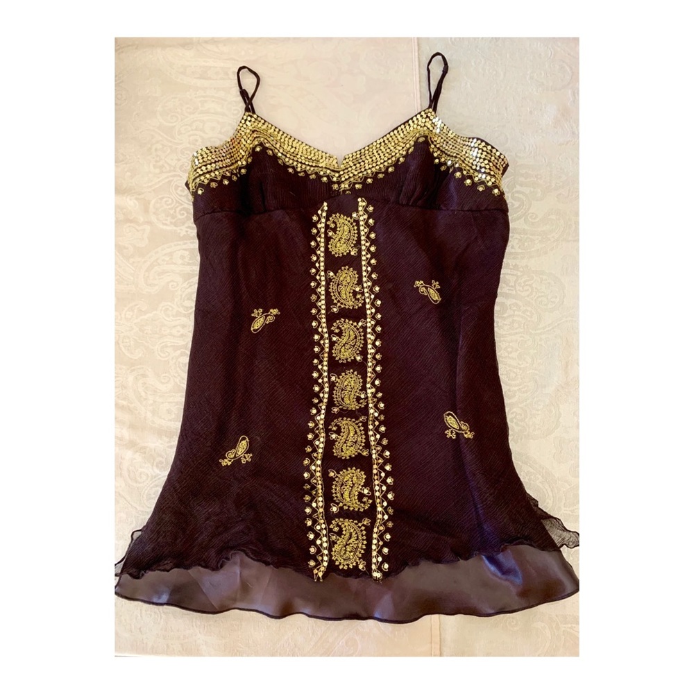 Brown Silk Top w/ Gold Accent Details